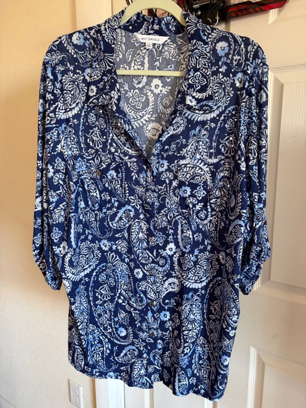 Emily Daniels Blue Paisley Button-Up Blouse - Size 2X